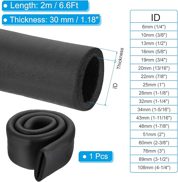 PATIKIL 2-3/8"(60mm) ID x 6.6Ft Pipe Insulation Foam Tube, Pipe Cover Wrap Roll Bar Padding Tubing for Handle Grip HVAC Outdoor Air Conditioner Units, Black
