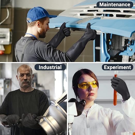 Thick Chemical Resistant Rubber Gloves, 3 Pairs 22" Black Safety Work Gloves, Waterproof Cleaning Protective Heavy Duty Gloves, Acid/Alkali/Oil Resistant Gloves with Non-Slip Diamond Grip