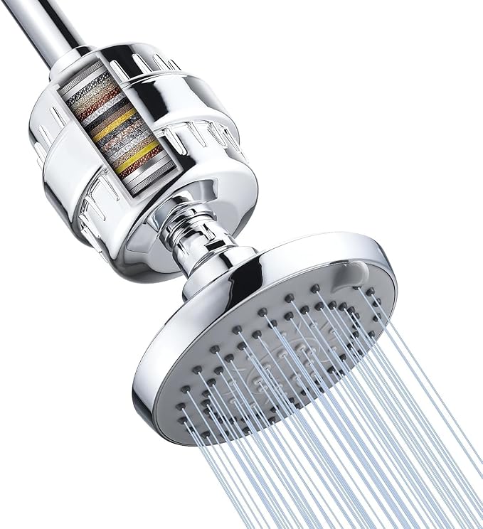 Chrome Shower Head Filter Combo, High Pressure 5 Spray Mode Showerhead Water Softener Filters for Hard Water - Improve Skin and Hair Condition