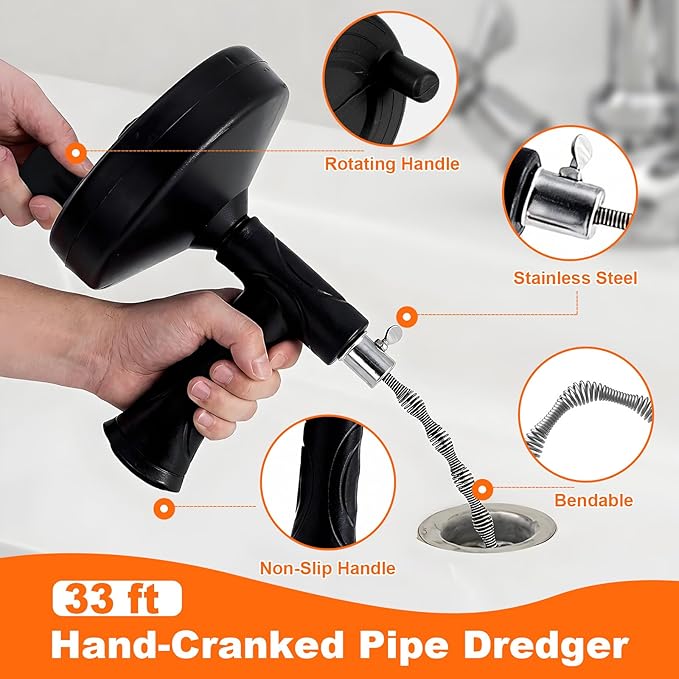 33 ft Snake For Drain,Plumbing Snake, Heavy Duty Flexible Hair Clog Remover Drain Snake Tool for Shower, Bathroom, Bathtub and Kitchen Sink Pipes (Black)