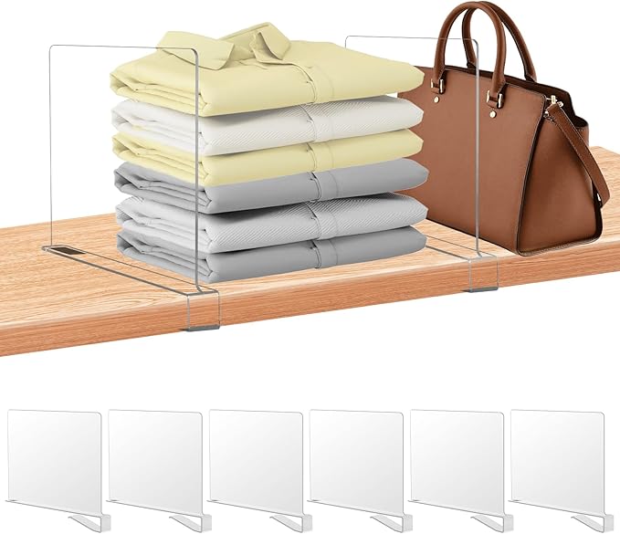 6 Pack Clear Acrylic Shelf Dividers for Closet Organization, Purse Organizers for Closet, Clothing Dividers, Handbag Organizers for Shelves in Bedroom and Office