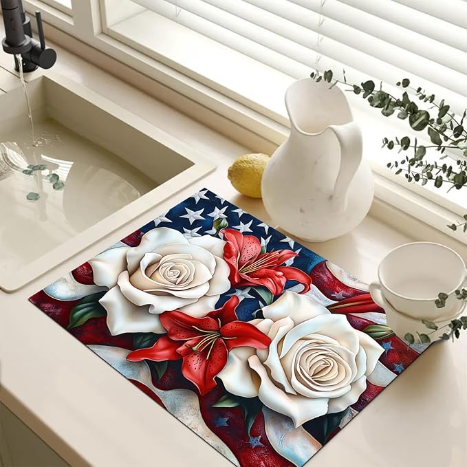 Stove Top Cover for Electric 28x20 Inch American Flag Rose Lily Kitchen Mat Heat Resistant Stovetop Cover Pad Countertop Protector for Electric Glass Cooktop Patriotic Kitchen Decor