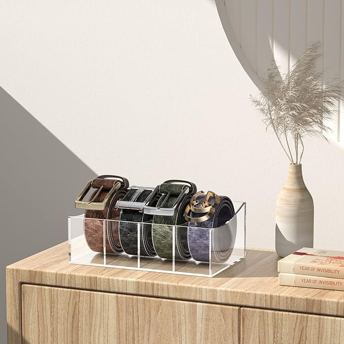 Belt Organizer, Acrylic Belt Storage Holder for The Closet and Drawer, 4 Compartments Belt Container Clear Display Case for Tie and Bow Tie