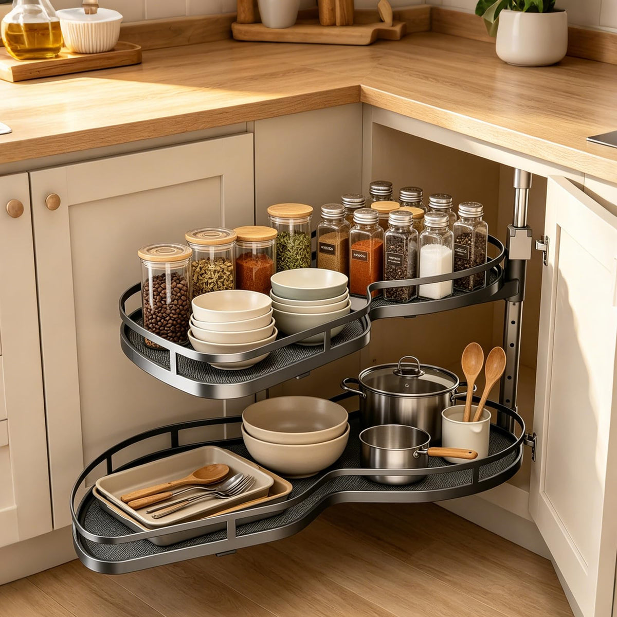 Blind Corner Cabinet Pull Out 2-Tier Swing Tray Organizer - Image 1