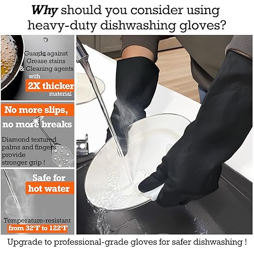 Thick Rubber Cleaning Gloves - 2 Pairs Black Rubber Gloves for Dishwashing Large, Non-Slip Kitchen Gloves for Washing Dishes, Reusable Cleaning Gloves, Waterproof, Heavy-Duty (2P,L)