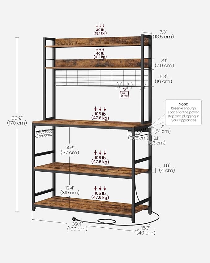 VASAGLE Bakers Rack with Power Outlet, Microwave Stand, Kitchen Tall Utility Storage Shelf, with Metal Wire Panel, 14 Hooks, 15.7 x 39.4 x 66.9 Inches, Rustic Brown and Ink Black UKKS038B01