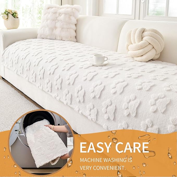 Waterproof Couch Cover for Dogs Washable,Fuzzy Pet Couch Covers for Sofa,Thick Soft Dog Mat Non-Slip Couch Covers for 3 Cushion Couch Sofa Pet Friendly (White, 35x62(1pc))