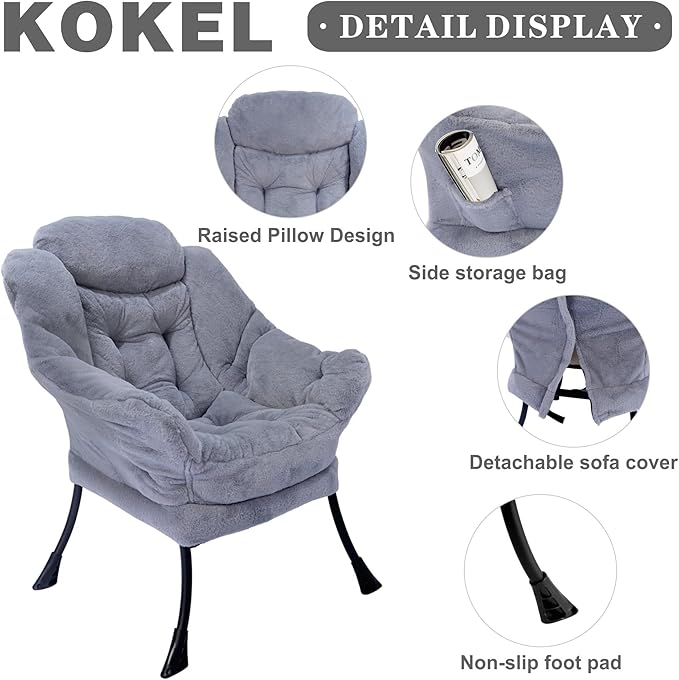 Kokel Lazy Chair with Folding Ottoman,Living Room Chairs, Accent Contemporary Lounge Chair, Single Steel Frame Leisure Sofa Chair with Armrests and A Side Pocket (TM10GRAY)