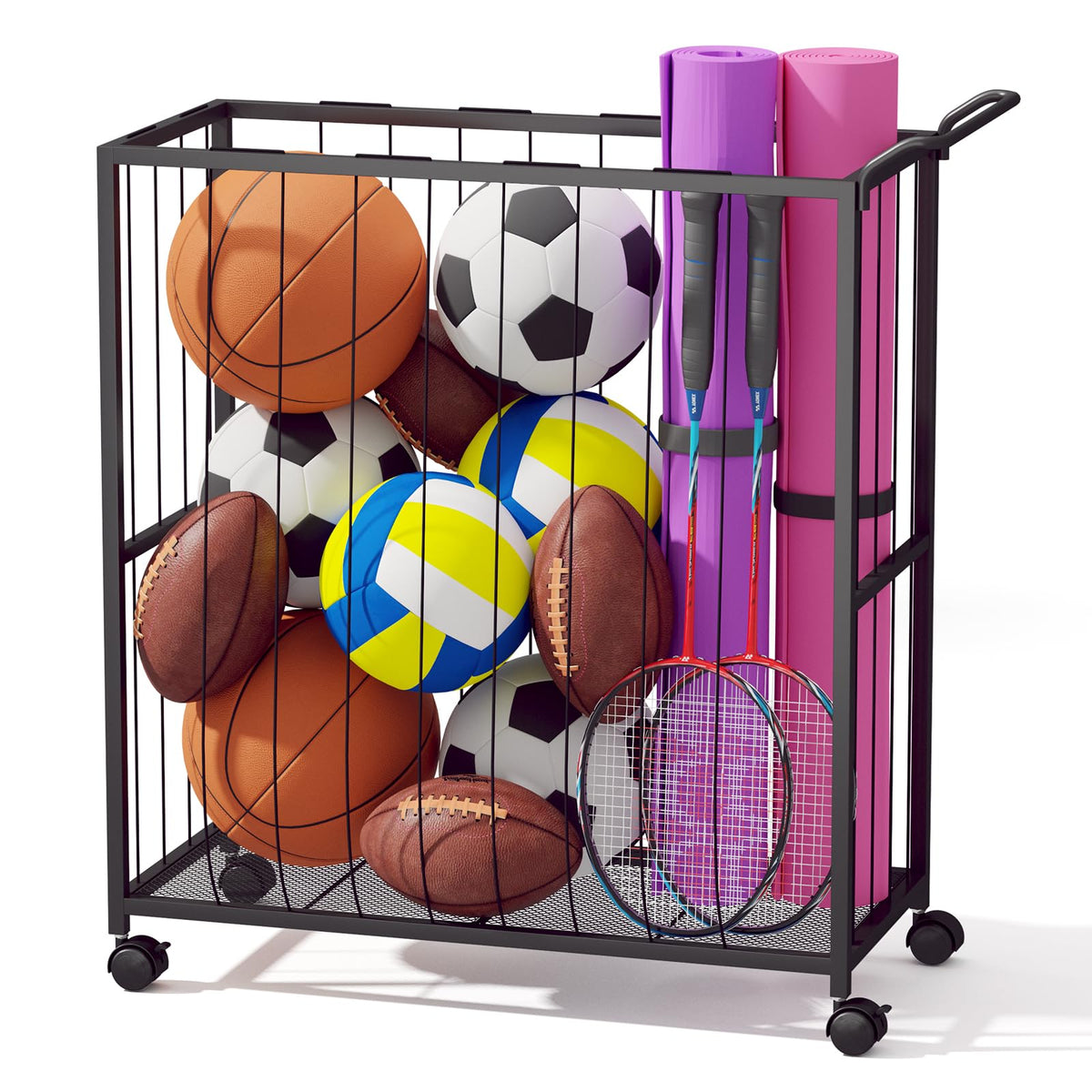 Ball Storage Bin Rolling Sports Ball Cart, Black - Image 1