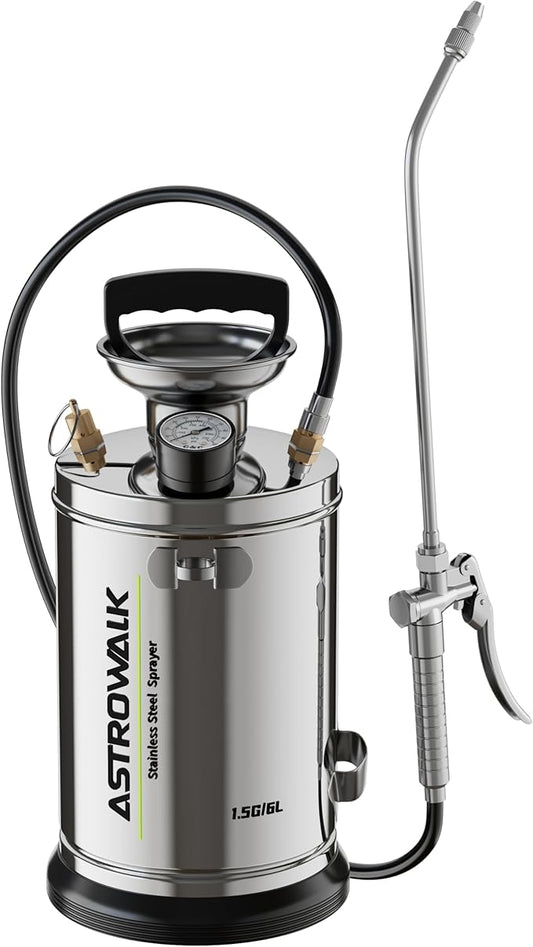 1.5 Gallon Stainless Steel Sprayer, Medium Duty & Versatile Pump Sprayer with 20" Wand & 4FT Reinforced Hose for Large Lawn, Garden, Fence & Patio, Includes Viton Seals and Gloves