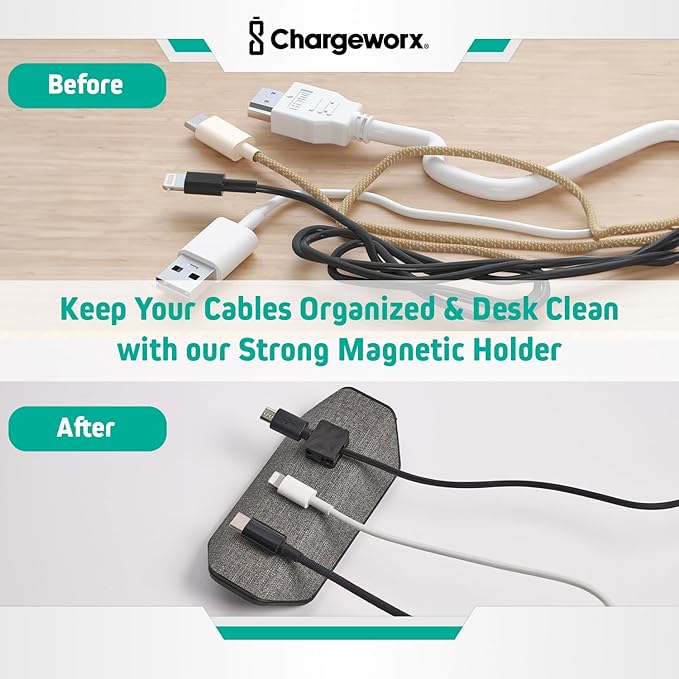 CHARGEWORX Magnetic Cable Organizer – 4 Pack - Weighted Non-Adhesive Cord Holder with 3 Magnetic Clips for USB-C, Lightning & MagSafe Cables – Desk, Office & Nightstand Cable Management