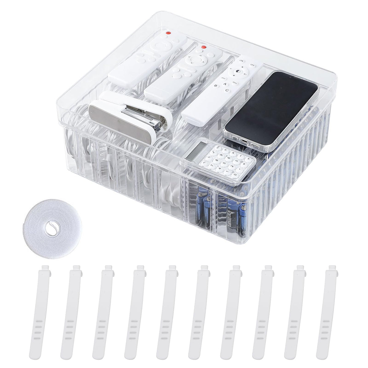 Large Cord Storage Box with Lid, Clear, Wire Ties Included - Image 1