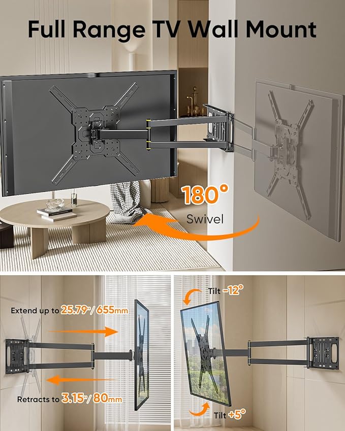 FORGING MOUNT Corner TV Mount with 25.6" Long Arm,Landscape to Portrait Full Motion TV Wall Mount Swivel Tilt Heavy Duty Wall Mount Bracket for 26-65“ Screens,Load 77lbs,VESA 400x400mm,Fit 16" Stud