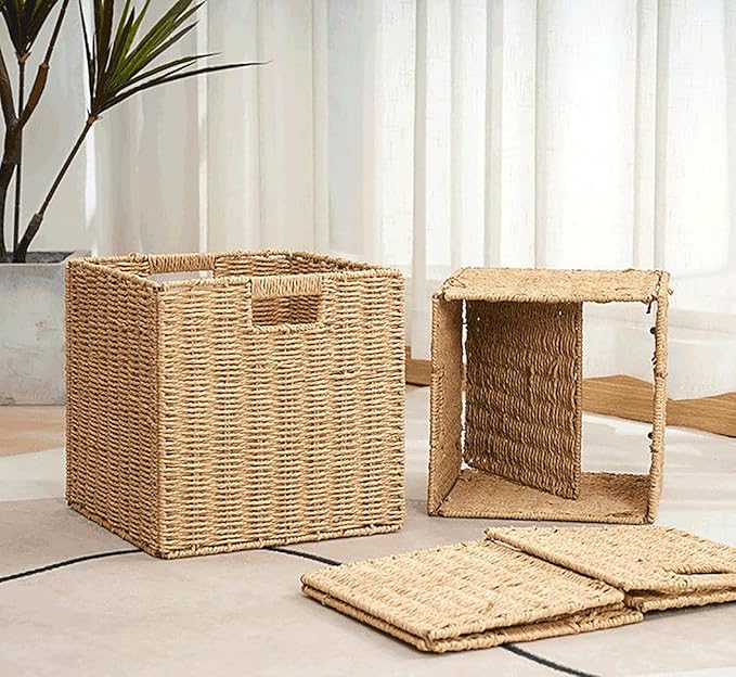 10.5x10.5inch Storage Basket,1Pcs Paper Brown Rope Woven Baskets, Foldable Handwoven Storage Cubes, Wicker Cube Baskets Laundry Organizer Totes for Bathroom Bedroom Laundry Pantry or Shelves