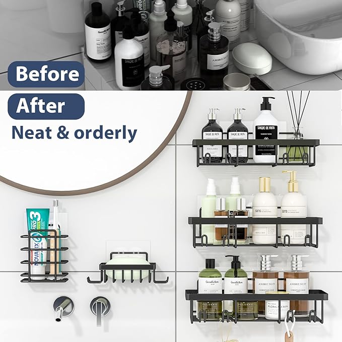 10 Pack Shower Caddy Organizer Rack Shelf for Inside Shower, Self Adhesive Wall Storage Basket Rustproof Stainless Steel Shampoo Holder Bathroom Accessory Decor Set, Black