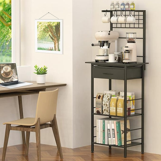 Coffee Bar Station,5 Tier Coffee Stand with Organizer Storage Drawers,Kitchen Corner Bakers Rack with 4 S-Shaped Hooks & Dual Wood,Kitchen Shelf for Small Spaces, Living Room,Entryway (Black)