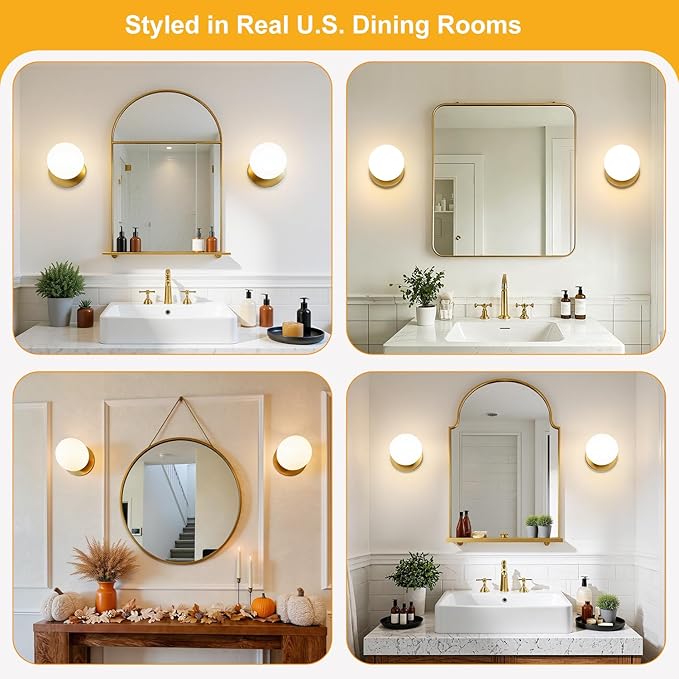 2 Pack Gold Wall Sconces Set of Two,Modern Bathroom Sconces with Milky Globe Glass, Sconces Wall Decor Set of 2 Wall Light for Bathroom Mirror Living Room Hallway (Bulbs not Included)