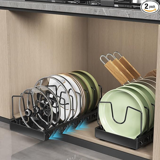 2PCS Black Pot Lid Organizer, Pull-out Pots and Pans Organizer, Under Cabinet Pot Lid Holder for Kitchen, Sliding type Pots and Pans Storage with 16 Adjustable Dividers for Cabinet Pantry Countertop