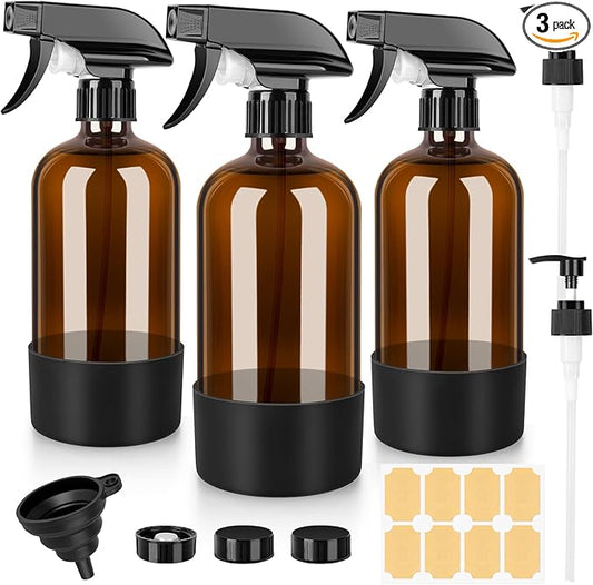 Amber Glass Spray Bottles 3 Pack, 17 oz/500 ml Glass Spray Bottles for Cleaning, Plants, Essential Oils, Hair Care, Refillable Empty Spray Bottle with Adjustable Nozzle for Squirt and Mist