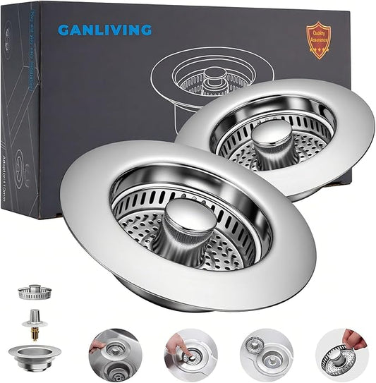 2Count 3-in-1 Kitchen Sink Drain Strainer & Stopper - SUS 304 Stainless Steel Pop Up Plug with Anti-Clog Basket & Odor Prevention, Fits US Standard 3-1/2'' Drain Hole