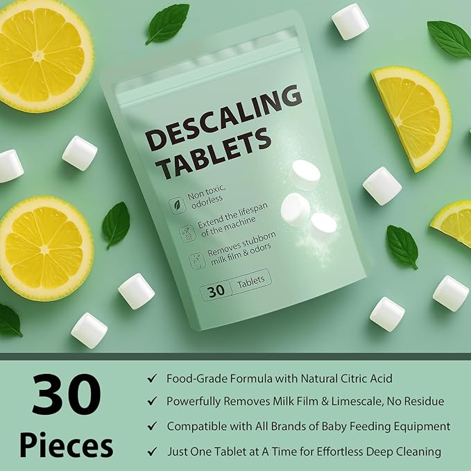 Descaling Tablets Descaler, 30 Count, Compatible with Momcozy, Baby Brezza Bottle Washer, Warmer, Sterilizer & Formula Maker, Descaler for Milk & Limescale Removal