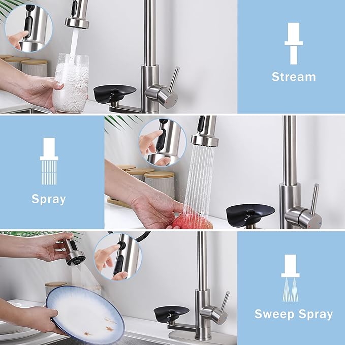 Kitchen Faucet with Glass Rinser, Pull Down Sink Faucet with 3 Spray Modes and High Pressure Glass Rinser, Single Hole 2 in 1 High Arc Stainless Steel Kitchen Faucets (Brushed Nickel)