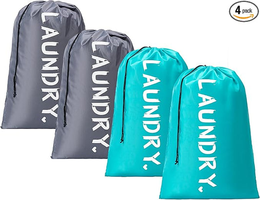 4 Pack XL Travel Laundry Bag, Machine Washable Dirty Clothes Organizer with Drawstring,Large Enough to Hold 4 Loads of Laundry, Easy Fit a Laundry Hamper or Basket Travel Essentials 24" x 36"
