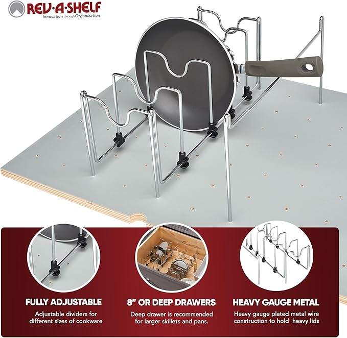 Rev-A-Shelf Drop-In Pot and Pan Drawer Organizer Storage Rack for 4DPS & 4DPG Model Peg Boards, Adjustable Divider for Cookware, Chrome, 5DCD-1-CR