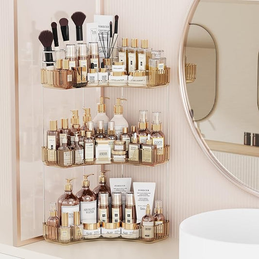 3-Tier Corner Bathroom Counter Organizer with Top Toothbrush Holders,Large Makeup Organizer Countertop with Brush Holder,Skincare Organizers Corner,Exquisite Vanity Organizer (Gold, 3 Tier)