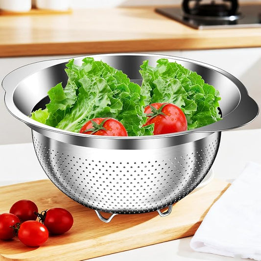 Stainless Steel Colander - 3QT Medium Capacity Strainer with Handle, Kitchen Food Strainer Basket for Washing Vegetables, Fruits, Rice, and Pasta, Kitchen Present for Women