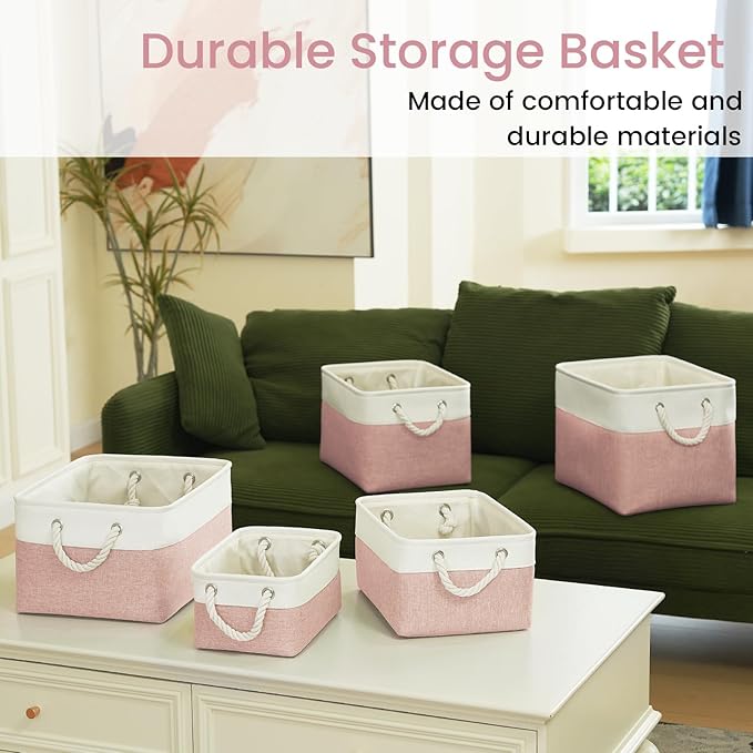 Storage Baskets for Shelves 13.8x9.8x6.7 Inch, Foldable Fabric Storage Bins with Handles, Small Storage Baskets for Organizing Closet, Office, Home Organization (3-Pack, White&Pink)