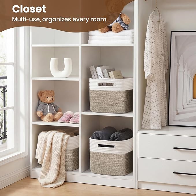 Storage Baskets for Organizing, 14 x 10 x 9” Closet Shelf Woven Baskets, Square Bins with Handles, Cotton Rope Basket for Toys, Clothes, Office, Room, White+Rice Brown 1 Pack