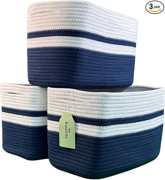 Cotton Rope Baskets for Organizing and Storage, Woven Decorative Baskets for Shelves, Books, Closets. Storage Bins for Living Room, Bedroom | Pack of 3 | Blue