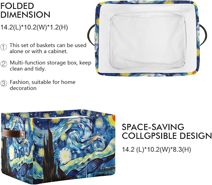 Storage Basket Starry Night Rectangular Collapsible Canvas Shelves Storage Bins with Leather Handles for Shelves Home Closet Bedroom Living Room, 2Pack