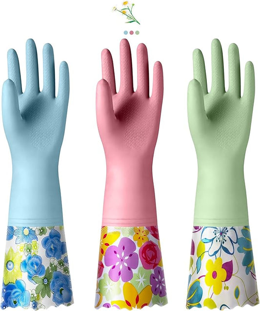 KAQ 3 Pairs Dishwashing Cleaning Gloves, Reusable Long Rubber Gloves with Cotton Lining, Latex Free Dish Washing Gloves, Water Resistant Household Glove for Kitchen Bathroom(Medium)