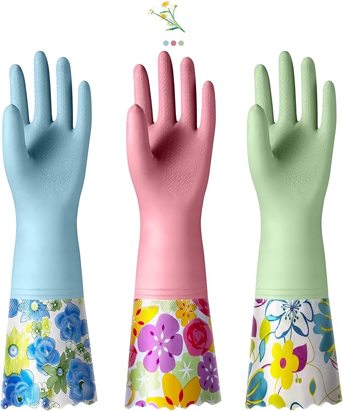 KAQ 3 Pairs Rubber Cleaning Gloves, Reusable Dishwashing Gloves for Kitchen with Cotton Liner, Long Cuff 16", Waterproof Non-Slip Household Gloves for Bleaching Bathroom, Laundry, Gardening (Large)
