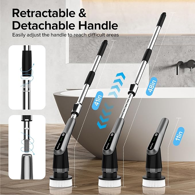 G2 Electric Spin Scrubber - IPX7 Waterproof 10-in-1 Shower Cleaner Brush, Retractable Handle & 2-Speed for Bathroom, Bathtub, Kitchen, Tile Floors