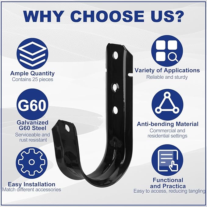 Zonon Black Cable Support J Hooks for Hanging Heavy Duty Metal J Hook for Cable and Wire Management Galvanized Steel(2 Inch)