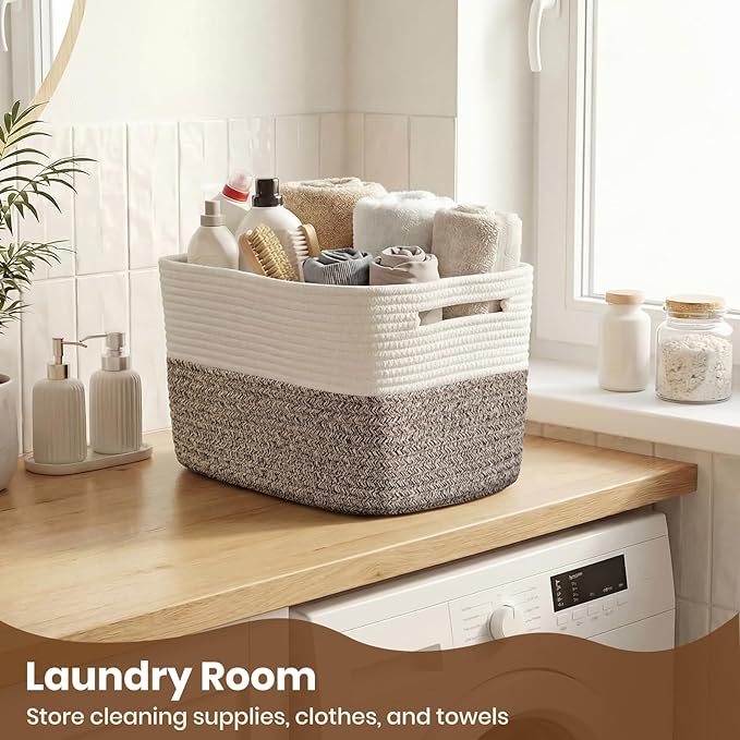Storage Baskets for Organizing, 14 x 10 x 9” Closet Shelf Woven Baskets, Square Bins with Handles, Cotton Rope Basket for Toys, Clothes, Office, Room, White+Dark brown 3 Pack