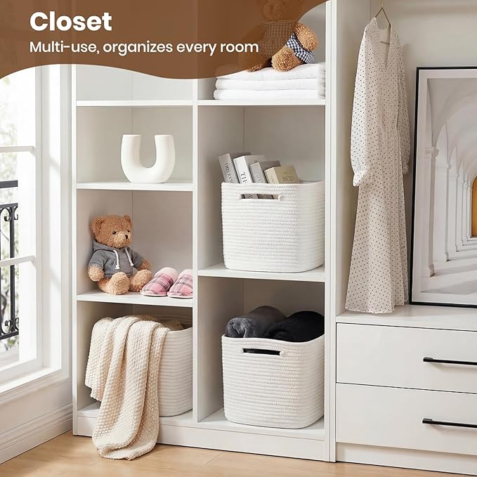 Storage Baskets for Organizing, 14 x 10 x 9” Closet Shelf Woven Baskets, Square Bins with Handles, Cotton Rope Basket for Toys, Clothes, Office, Room, White 1 Pack