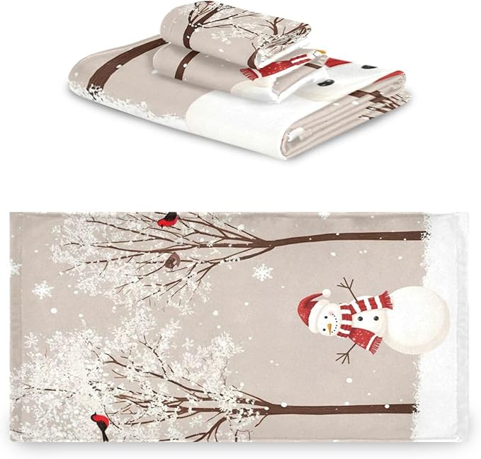 Pfrewn Winter Snowman Bird Tree Snow Towels Set of 3 Snowflakes Peach Christmas Bathroom Towel Soft Absorbent Bath Hand Towels Washcloth Guest Towel Sets Rustic Farmhouse Xmas Holiday Decor