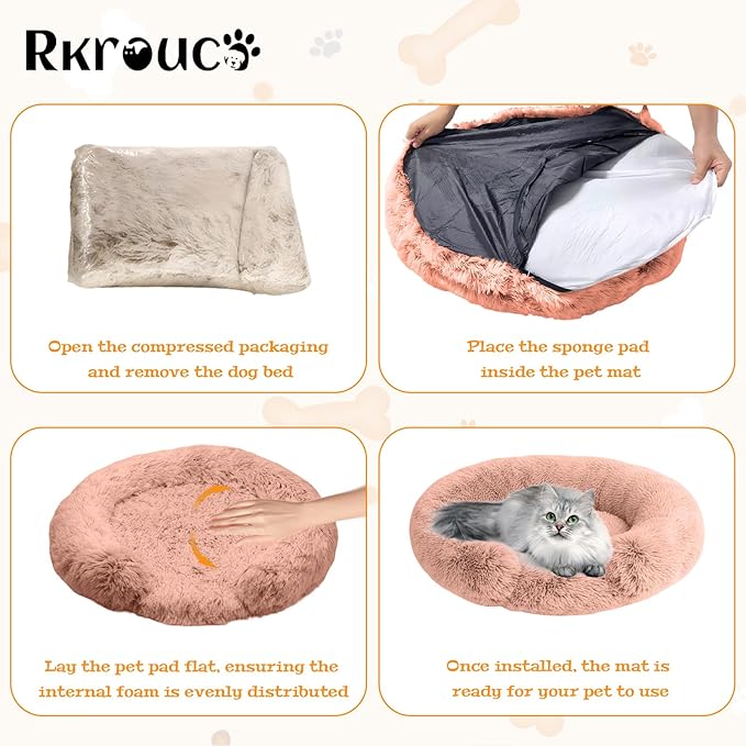 Fluffy Dog Bed Calming Donut Beds for Large Dogs Warming Round Small Medium Pet Nest Cozy Cat Mattress Indoor Washable Puppy Kennel Kittens Sleep Mat (XS, 20×20 inch, Fresh Pink)