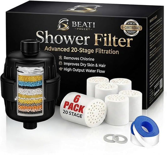 Matte Black Shower Head Filter with 6 Replacement Cartridges - 20 Stage Water Softener for Hard Water - Reduce Chlorine and Fluoride - Ideal for Improve Skin, Hair, and Scalp Condition