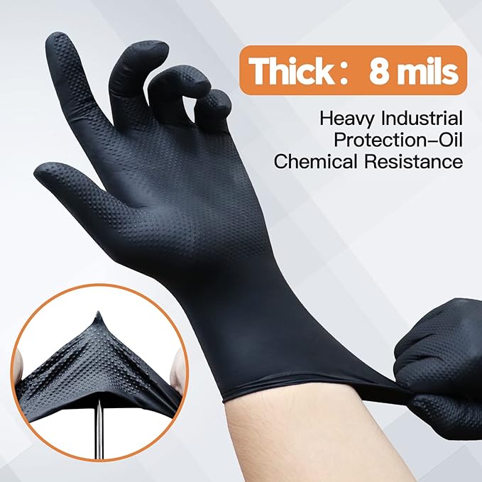 Wostar 8mil Black Nitrile Gloves Small 100Pcs Disposable Powder & Latex Free Diamond Textured Heavy Duty Black Gloves