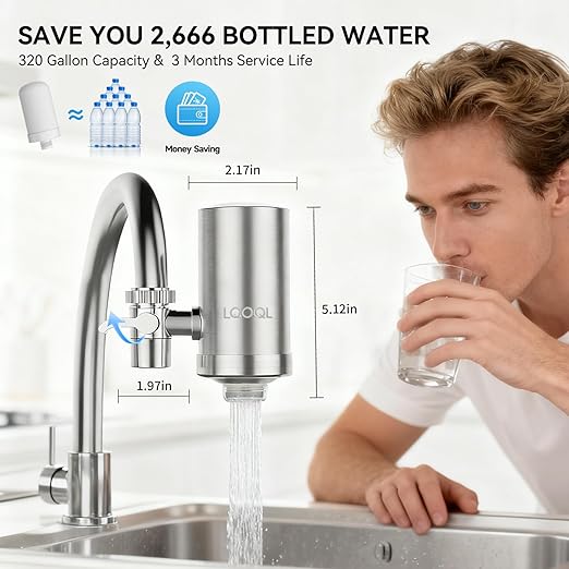 Water Filter for Sink Faucet, 304 Stainless Steel Water Purifier for Kitchen Sink, Reduces PFAS, Lead, Chlorine & Microplastics, 350 Gallons Long-Lasting for Kitchen & Bathroom, 2 Filters