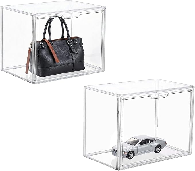 Clear Acrylic Stackable Storage Box with Magnetic Lid - 3 Pack Display Case for Collectibles and Figures Organizer