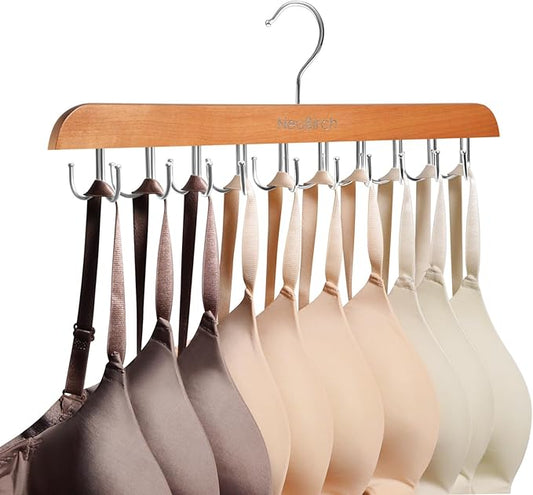 Bra Hanger for Closet Organizers and Storage | Space Saving Wooden Hanger | 20 Steel Hooks for Tank Tops, Camis, Hats, Lingeries, Belts, Ties, Scarfs Holder| 360° Rotating Non-Slip (1, Natural)