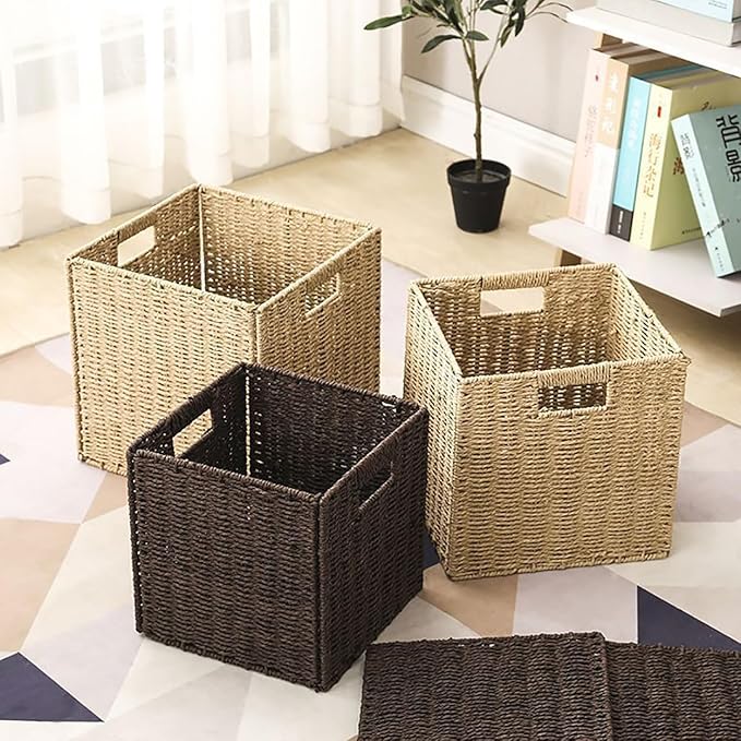 10.5x10.5in Storage Baskets 1Pcs Paper Rope Woven Baskets,Foldable Handwoven Storage Cubes,Wicker Cube Baskets Laundry Organizer Totes for Bathroom, Bedroom, Laundry, Pantry, Shelves