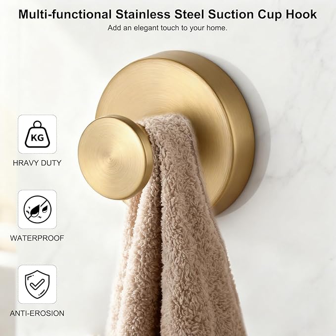 Suction Cup Hooks Applicable Shower No-Drill Bathroom Hooks for Towels, Ornament，Robes, Loofah Mountable on Bathroom Walls, Kitchen, Glass, Mirrors, Tile and Smooth,Non-Porous Surfaces (Golden 2pcs)