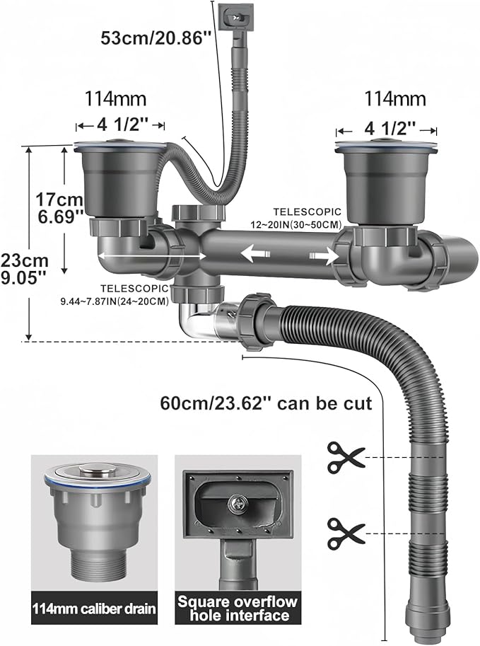 Double Sink Drain Kit Space Saving Kitchen Sink Drain Kit Expandable Flexible 1 1/2" P-Trap Pipe 3-1/2 Inch Sink Drain Assembly Kit with 4-Way Fitting Adapter for Dishwasher